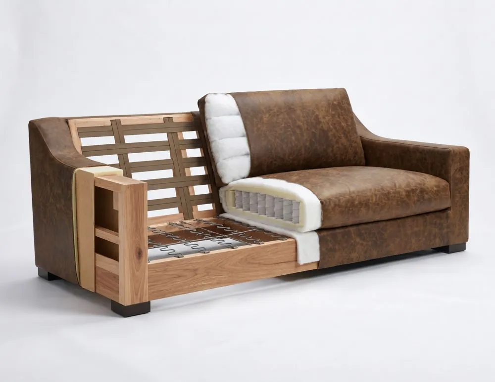 Cutaway of a GTRX sofa showing the hardwood frame, sinuous springs, back webbing, pocketed coil seat cushion and fiber-filled back cushion